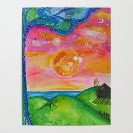 Soulmate Couple, Sun and Moon, Sea, Tree, Surrealism Dot Art Poster