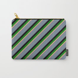 [ Thumbnail: Light Salmon, Light Slate Gray, Black, Green, and Light Cyan Colored Stripes/Lines Pattern Carry-All Pouch ]
