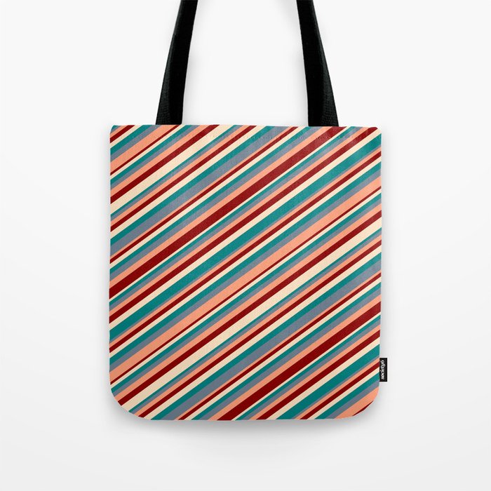 Eye-catching Bisque, Teal, Slate Gray, Light Salmon & Dark Red Colored Stripes Pattern Tote Bag