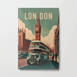 London - "A Roost For Every Bird", Vintage poster of Big Ben and Parliament Metal Print | Parliament, Age, Clouds, Roaring, Bus, Vintage, London, England, Golden, Poster 