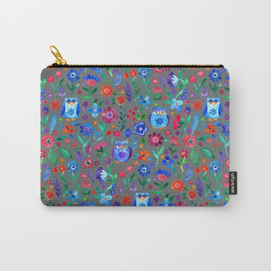 Little Owls and Flowers on Grey Carry-All Pouch