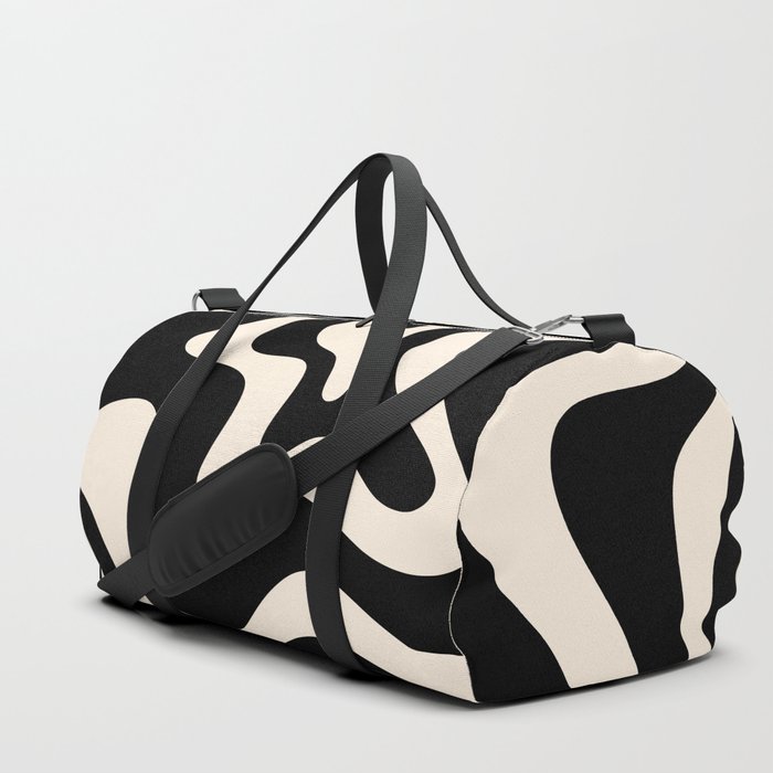 Retro Liquid Swirl Abstract Pattern 3 in Black and Almond Cream Duffle Bag
