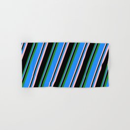 [ Thumbnail: Blue, Pink, Black, and Forest Green Colored Striped Pattern Hand & Bath Towel ]