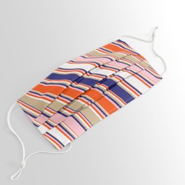 [ Thumbnail: Colorful Red, White, Tan, Midnight Blue, and Pink Colored Lines/Stripes Pattern Face Mask ]