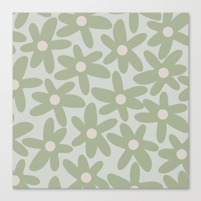 Daisy Time Retro Floral Pattern in Sage and Celadon Canvas Print