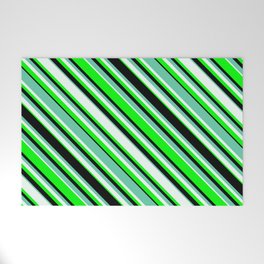 [ Thumbnail: Aquamarine, Mint Cream, Lime, and Black Colored Pattern of Stripes Welcome Mat ]
