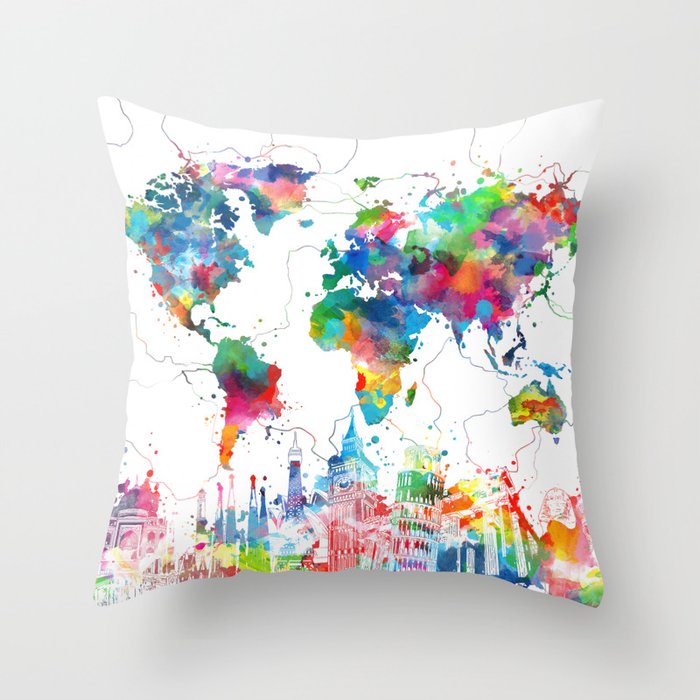 world map watercolor collage Throw Pillow