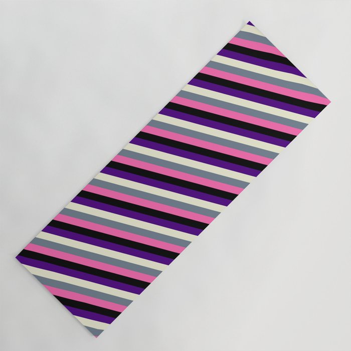 Vibrant Indigo, Beige, Slate Gray, Hot Pink, and Black Colored Striped/Lined Pattern Yoga Mat