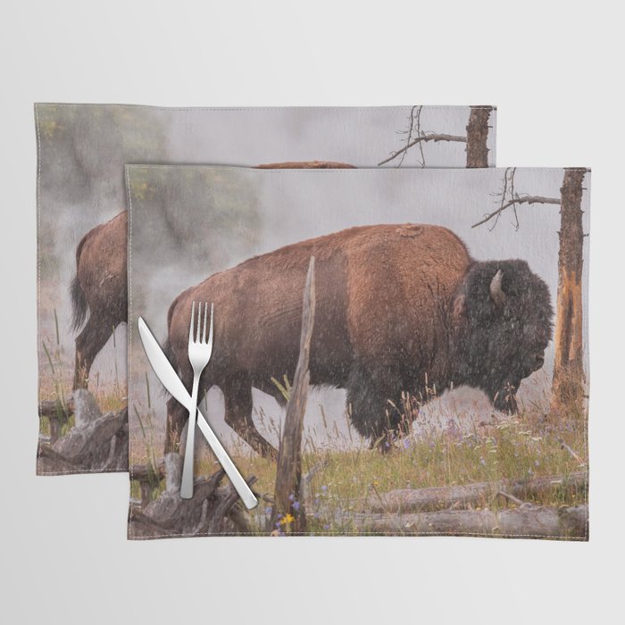 Buffalo In Rain Yellowstone National Park Wildlife Photography Print Placemat