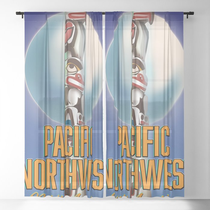 Pacific northwest totem pole travel poster Sheer Curtain