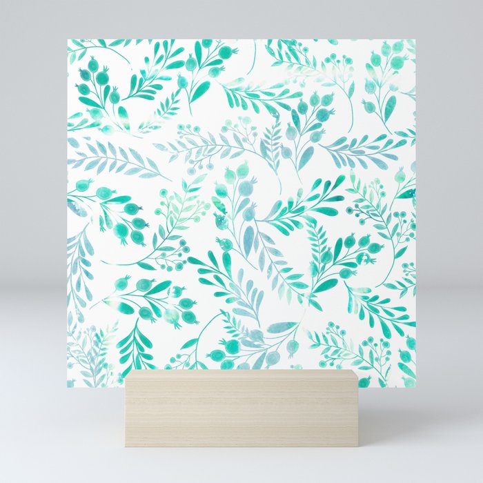 Teal turquoise blue white watercolor foliage Mini Art Print