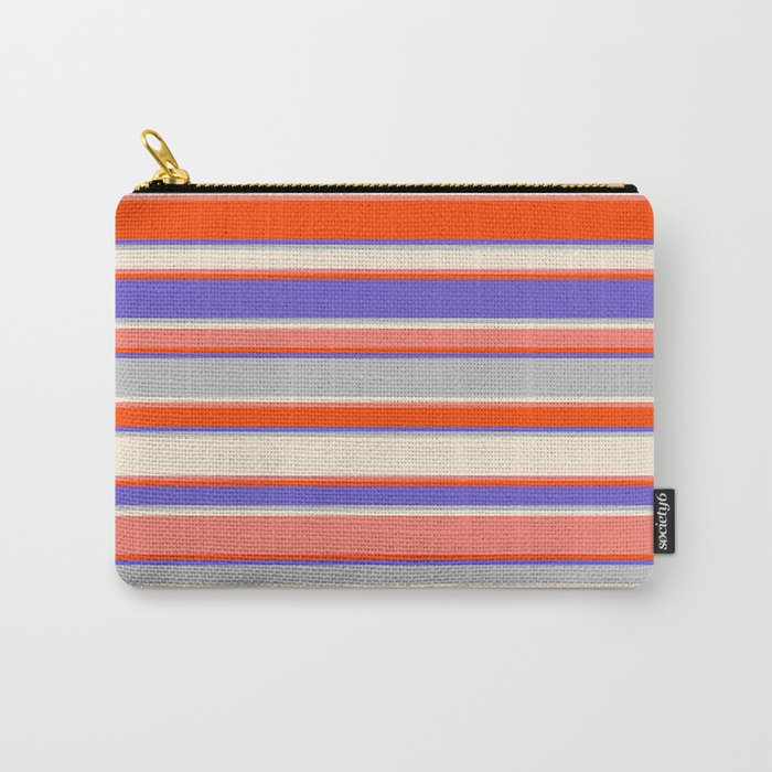 Eye-catching Slate Blue, Grey, Beige, Salmon, and Red Colored Striped Pattern Carry-All Pouch