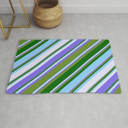 [ Thumbnail: Vibrant Medium Slate Blue, Green, Dark Green, Light Sky Blue & Lavender Colored Stripes Pattern Rug ]