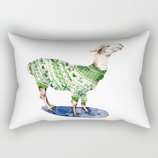 Llama in a Green Deer Sweater Rectangular Pillow