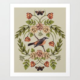 In The Garden - Nature Pattern w/ Birds, Flowers & Moths Art Print