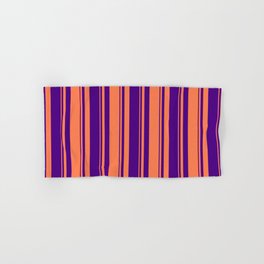 [ Thumbnail: Indigo and Coral Colored Lined Pattern Hand & Bath Towel ]