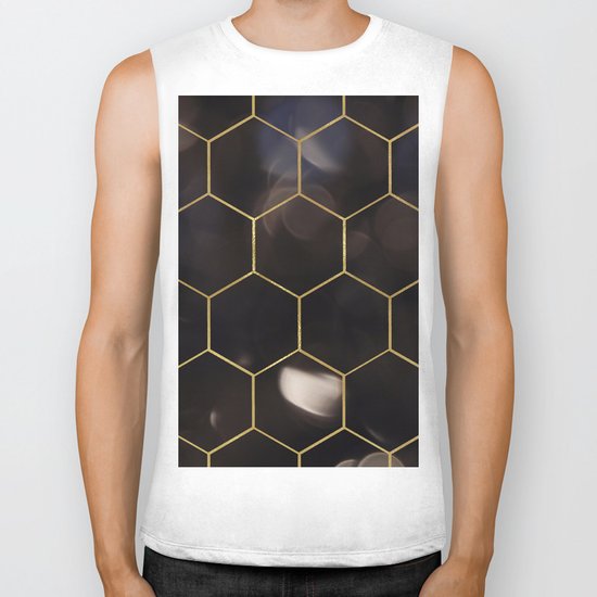 Dark bokeh gold hexagons Biker Tank