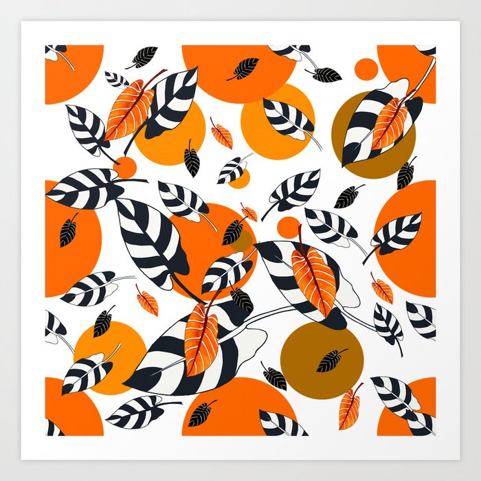 Orange and Black and White Leaves on White Background #decor #society6 #buyart Art Print