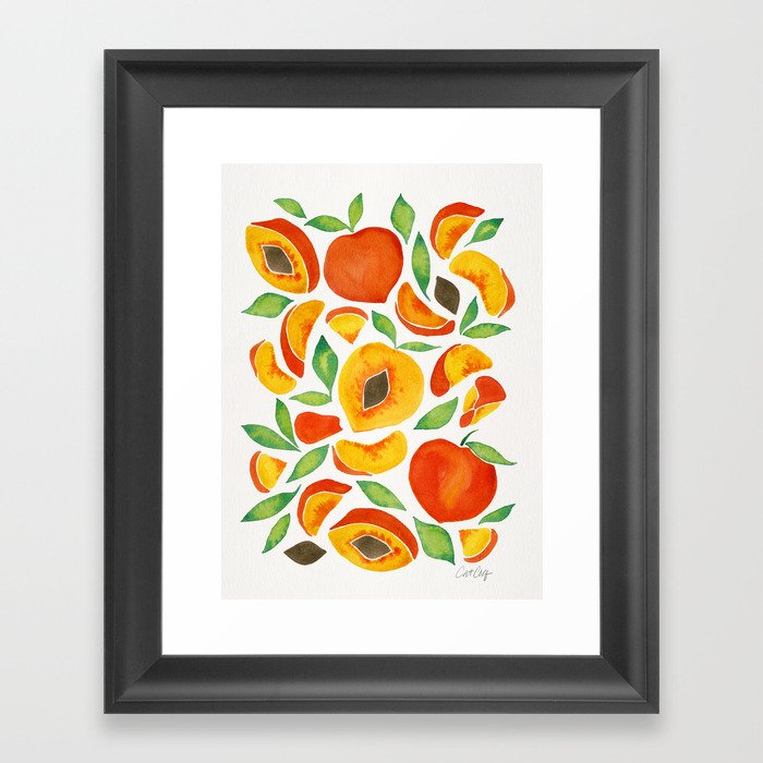 Peaches Green Leaves Framed Art Print by Cat Coquillette Society6