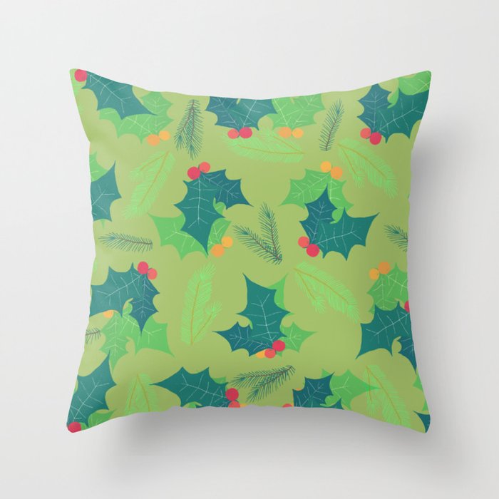 Christmas Pattern Leaves Mistletoe Pine Throw Pillow
