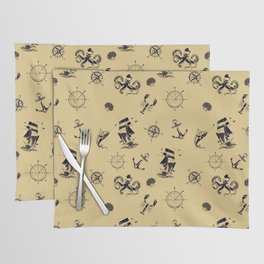 Beige And Blue Silhouettes Of Vintage Nautical Pattern Placemat