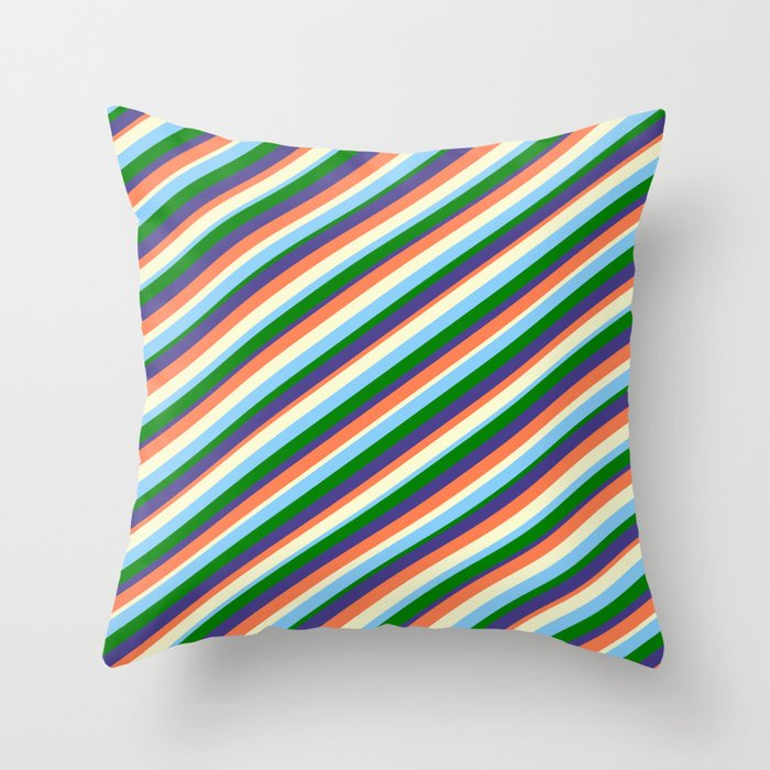 Coral, Light Yellow, Light Sky Blue, Green & Dark Slate Blue Colored Lined/Striped Pattern Throw Pillow