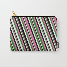 [ Thumbnail: Hot Pink, Forest Green, Mint Cream & Black Colored Stripes Pattern Carry-All Pouch ]