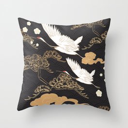 Japanese seamless pattern with crane birds and bonsai trees Throw Pillow