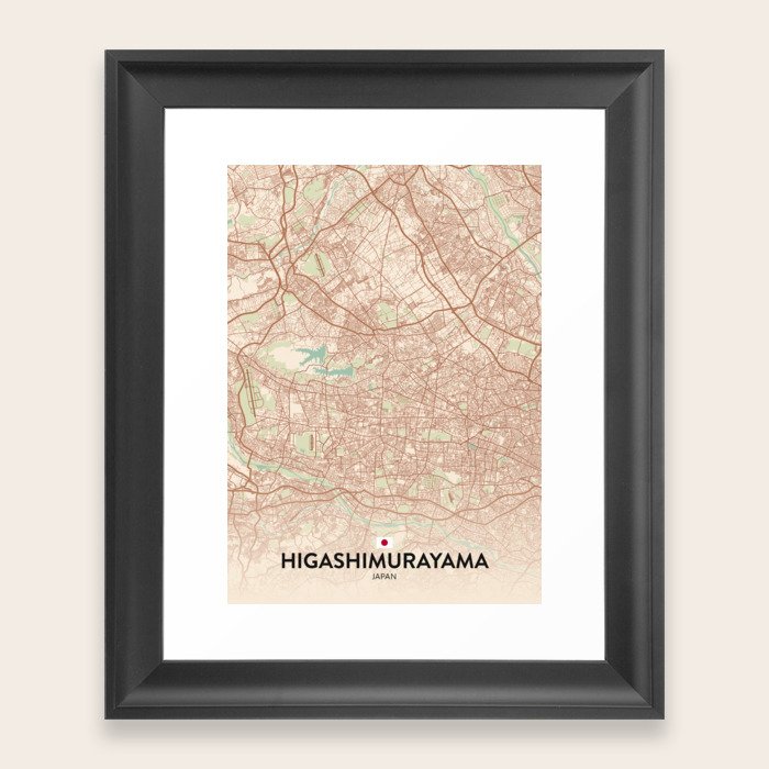 Higashimurayama, Japan Vintage City Map Framed Art Print by IMR