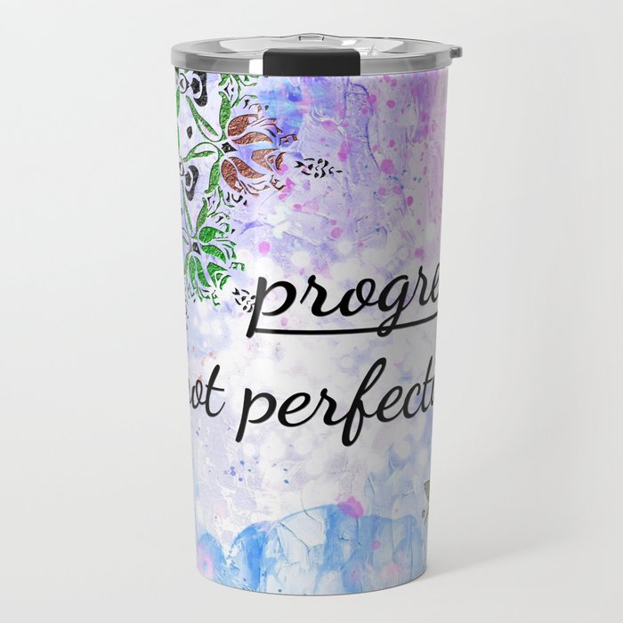 Progress, not perfection! Inspirational quote and affirmation with mandala frame Travel Mug