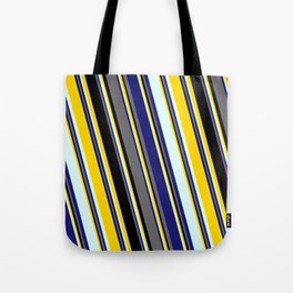 [ Thumbnail: Yellow, Light Cyan, Midnight Blue, Dim Grey & Black Colored Striped Pattern Tote Bag ]