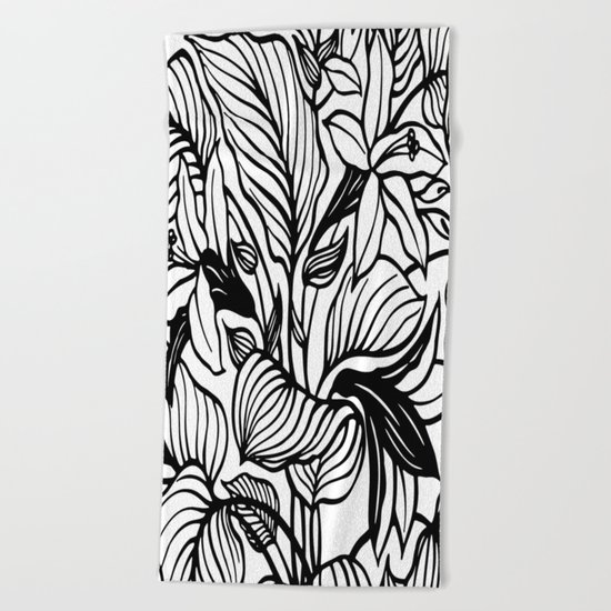 White Black Floral Minimalist Beach Towel