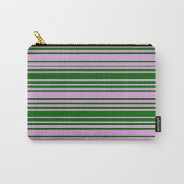 [ Thumbnail: Dark Green and Plum Colored Striped Pattern Carry-All Pouch ]