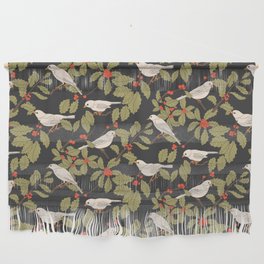 Winter Birds and Holly on Charcoal Wall Hanging
