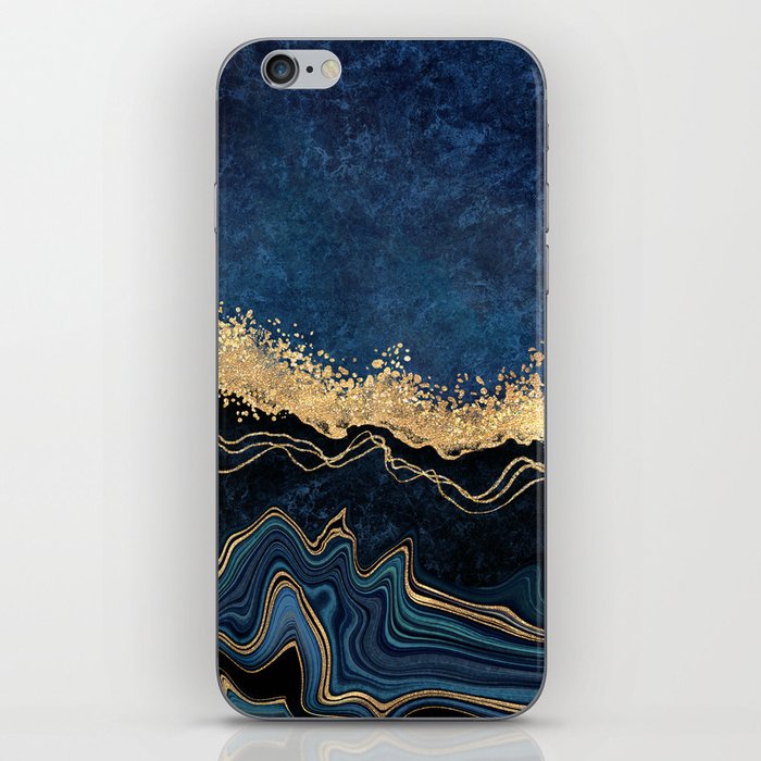 Deep Cerulean + Gold Abstract Shoreline Waves iPhone Skin