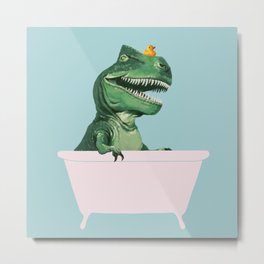 Playful T-Rex in Bathtub in Green Metal Print | Green, Animal, Children, Newborn, Cute, Bathtub, Nursery, Baby, Bath, Illustration 