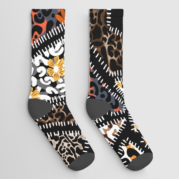 Patchwork leopard and zebra design pattern Socks