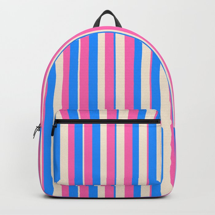 Blue, Beige & Hot Pink Colored Pattern of Stripes Backpack