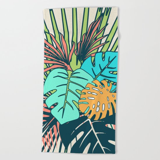 Tropical leaves cream Beach Towel