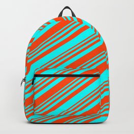 [ Thumbnail: Red & Cyan Colored Lined/Striped Pattern Backpack ]