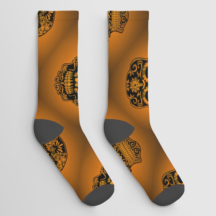 Halloween Sugar Skulls on Glowing Orange Pattern Socks