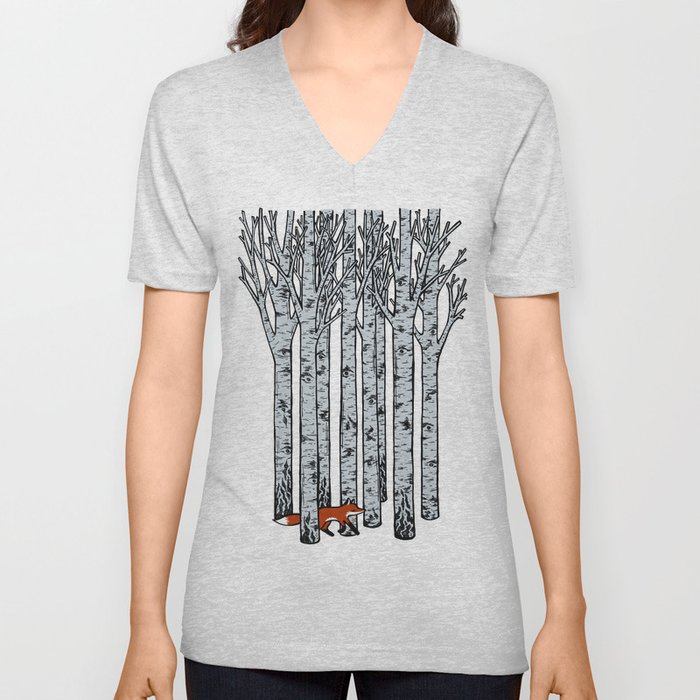 Fox in the Birches V Neck T Shirt