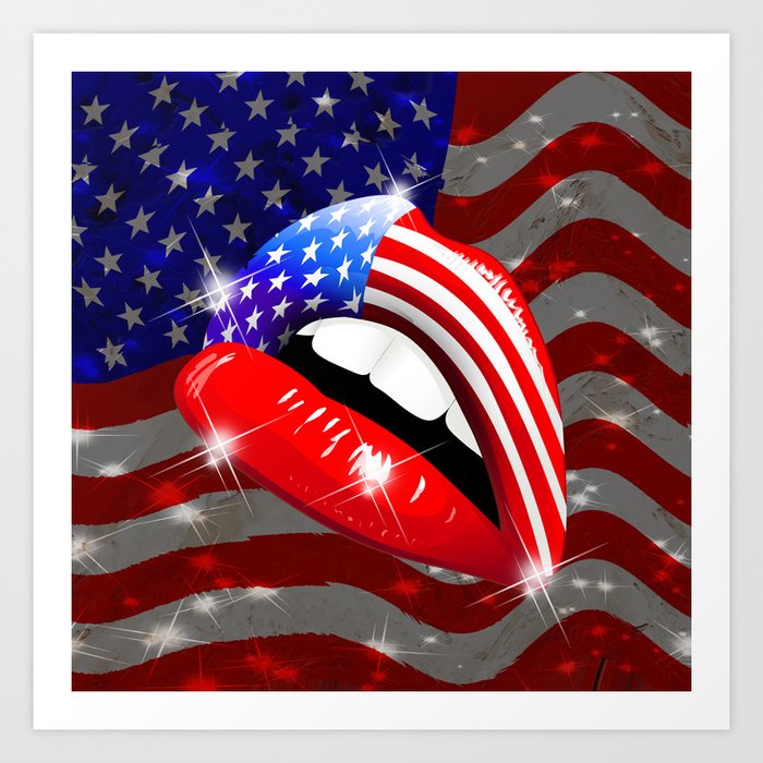 USA Flag Lipstick on Sensual Lips Art Print