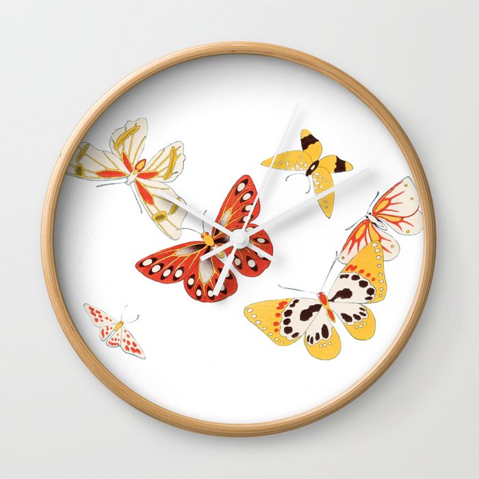 Vintage Japanese Painting Of Orange And Yellow Butterfly Wall Clock