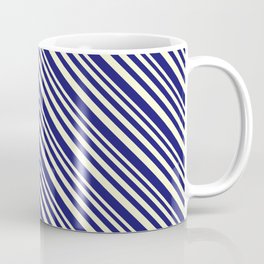 [ Thumbnail: Light Yellow & Midnight Blue Colored Lined/Striped Pattern Coffee Mug ]
