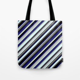[ Thumbnail: Vibrant Grey, Light Cyan, Dim Grey, Black, and Midnight Blue Colored Striped/Lined Pattern Tote Bag ]
