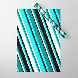 [ Thumbnail: Dark Cyan, Aqua, Mint Cream, and Black Colored Striped Pattern Wrapping Paper ]