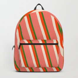 [ Thumbnail: Forest Green, Red, Beige, and Salmon Colored Lined/Striped Pattern Backpack ]