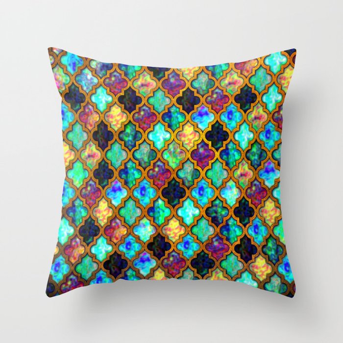 Moroccan tiles iridescent pattern golden mesh Throw Pillow