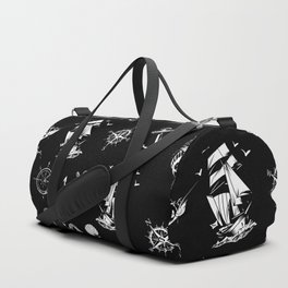 Black And White Silhouettes Of Vintage Nautical Pattern Duffle Bag